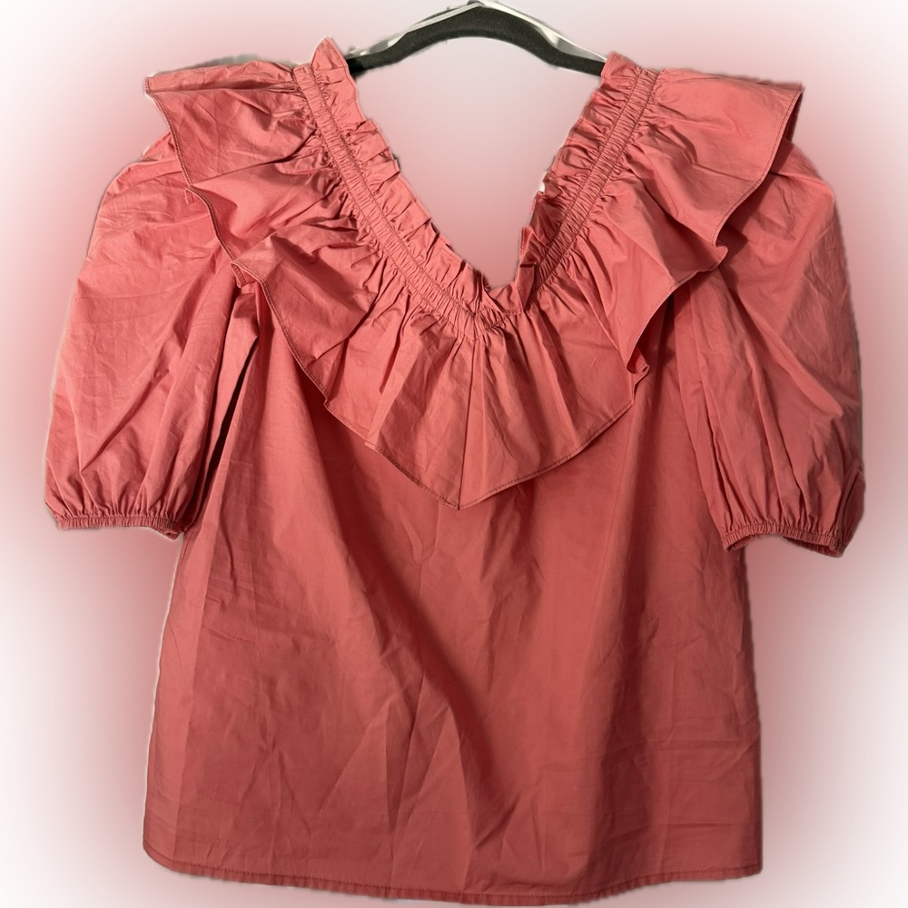 English Factory Women’s Coral Ruffle V-Neck Blouse with Puff Sleeves | NWOT